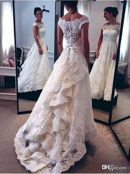 

lace high low wedding dresses 2017 fashion sheer cap sleeve custom made bridal gowns from china vestido de noiva com renda, White
