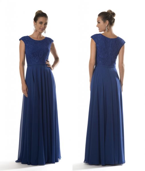 Royal azul rendas chiffon modesto dama de honra vestidos tampão mangas comprimento longo piso formal uma linha simples vestidos de festa de casamento cai barato