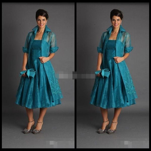 

Plu ize 2019 hort mother of the bride jacket dre e leevele tea length green uit evening gown organza