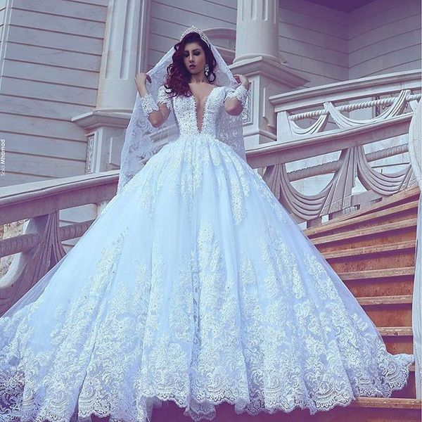 Vestido de bola de renda de manga comprida vestidos de noiva manto Mariage Applique Vestido de Noiva Princesa Vestidos de noivas árabes