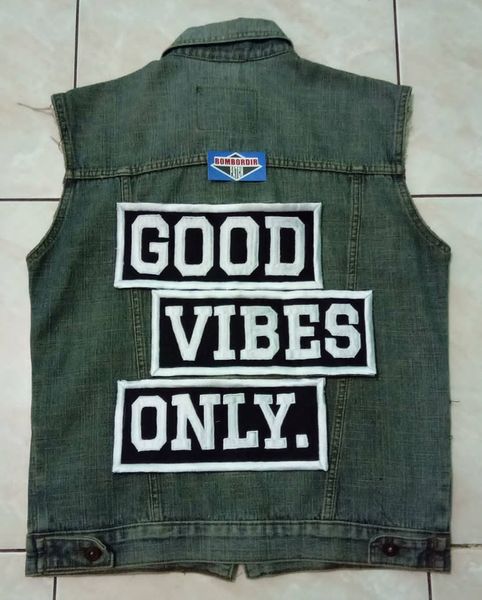 

3 pcs good vibes only. mc patch on jeans clothes back handmade embroidered iron on motorcycle applique punisher skull cross biker patches fr, Black