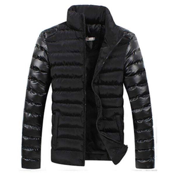 

wholesale- winter 2017 men's boutique cotton thickening warm fashion leather stitching standing collar leisure coat jacket male casual, Black