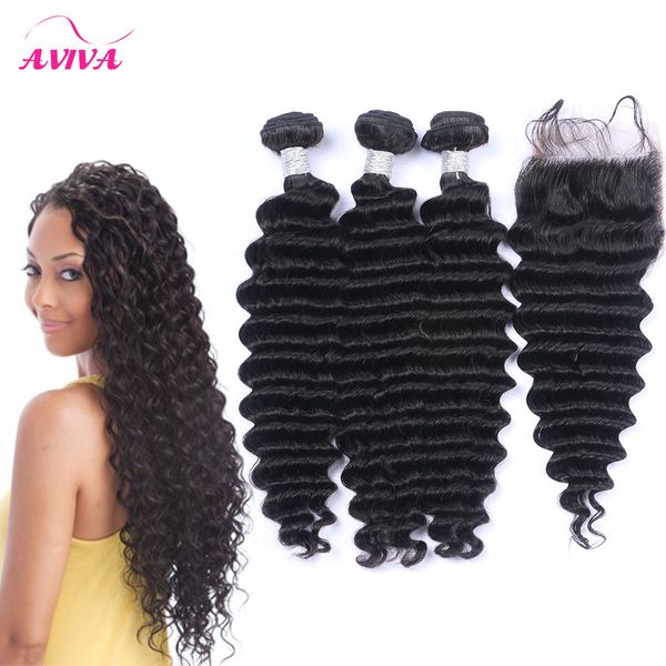 Virgin Weave brasilianische tiefe Welle lockige menschliche Wellen Bundles mit 1 Stück Spitzenverschluss peruanisch malaysisch mongolisch kambodschanischen indisch