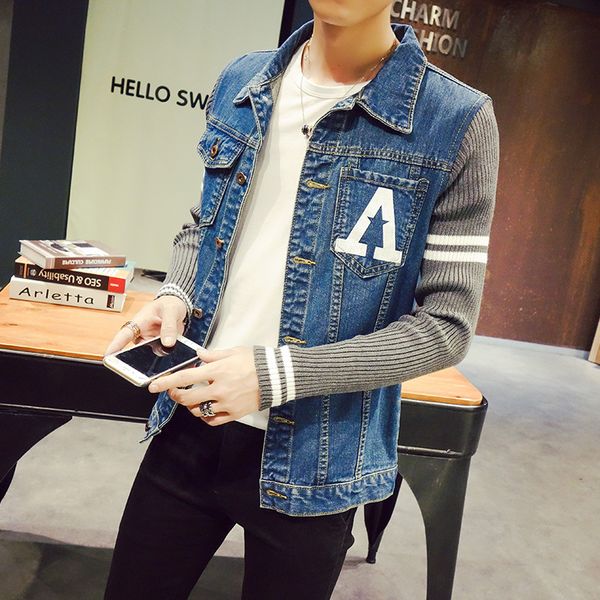 

wholesale- s-5xl mens fall jacket denim patchwork knitted sleeve jc28 bomber jacket men veste homme chaquetas hombre 2016, Black;brown
