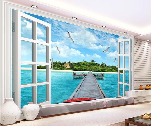 

home decoration 3d seagull sea view island blue sky white clouds landscape windows television background