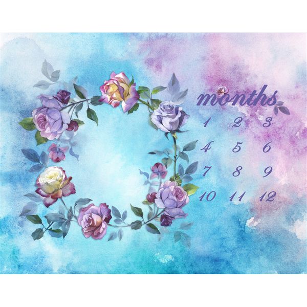 Sfondo fotografico con calendario ad acquerello blu e viola per fiori dipinti digitali per neonati, sfondo per servizio fotografico per baby shower