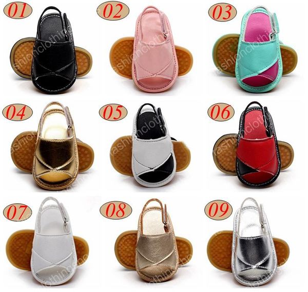 Yaz Toddler Deri Sandalet Bebek Kauçuk Taban Ayakkabı Bebek Kız Erkek Yumuşak Sole PU Deri Bebek Ilk Yürüyüşe Çocuk Ayakkabı 9 renk 0-2Year