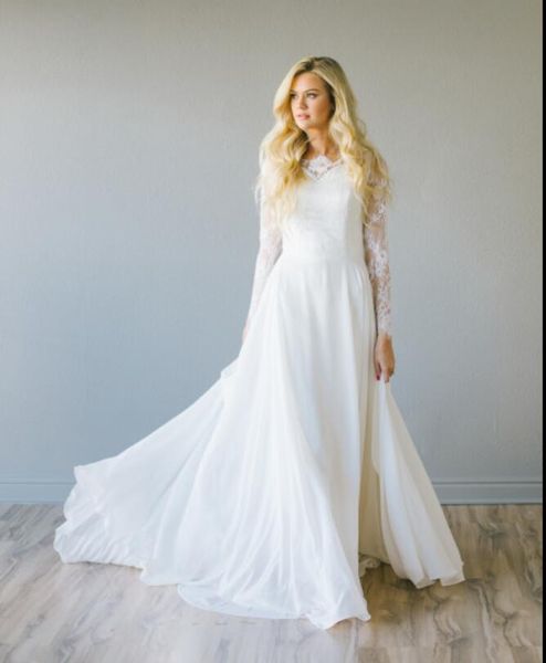 Nuovi abiti da sposa lunghi modesti in chiffon di pizzo a-line Boho con maniche lunghe Abiti da sposa informali trasparenti da spiaggia Abiti da sposa di ricevimento Cina