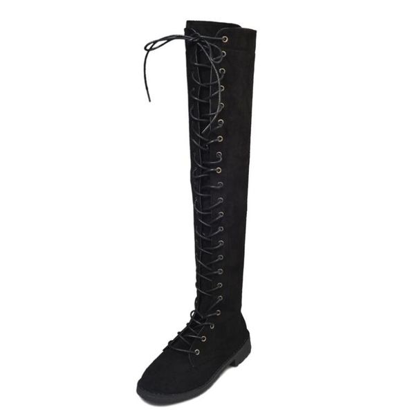 

2017 women long boots over the knee boots lace up low heels women shoes flock black winter warm shoes size 40