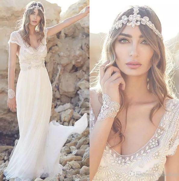 

чешские кружева пляжные свадебные платья с v-образным вырезом течет шифон бисером спинки свадебные платья кристалл дешевые свадебные платья, White