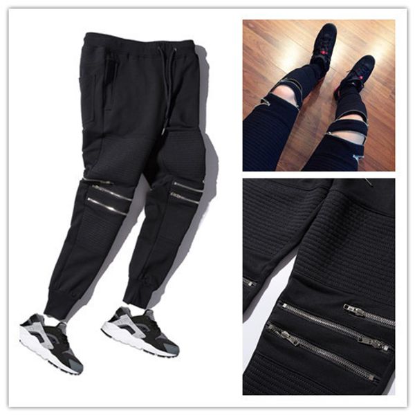 

wholesale-high street fashion zipper mens joggers pants biker cool sweatpants women and men pants hip hop mens tights street dance pants, Black