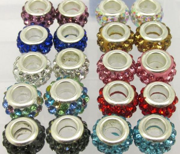 

j35 mixed color 10mm *12mm resin white rhinestone silver plated core big hole def crystal european beads,loose beads jewelry findings.