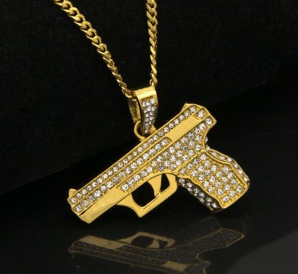

gold silver street new arrival rhinestone hiphop pistol pendant necklace with 3mm cuba chain in stock bling jewelry