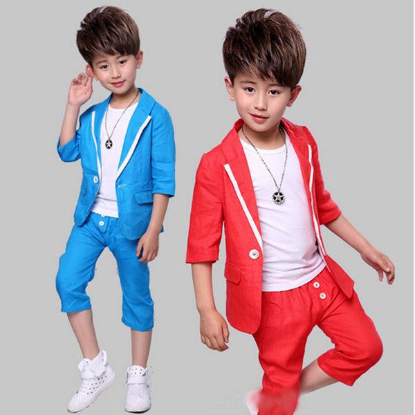 

boy short sleeve suit 2017 summer new children's dress cotton linen suit two-piece suit boys suits for weddings coat +pants, White