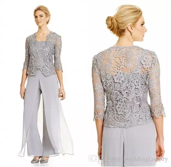 2020 Modest 3 pezzi Tailleur pantalone per la madre della sposa Argento Custom Made senza spalline Top pantaloni lunghi Giacca in pizzo trasparente con maniche