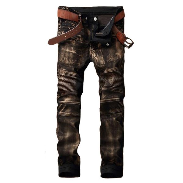 

mens moto straight slim jean trousers hi-street painted denim pants jeans joggers pleated biker male fit staks, Black