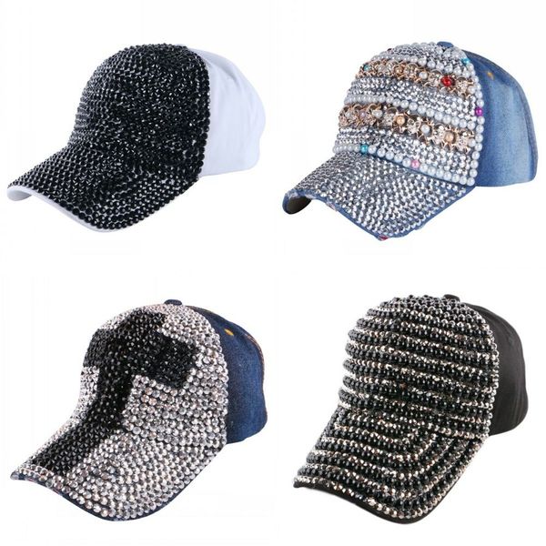 Nouveau Femmes Paillettes Strass Bling Chapeaux réglable Denim Casquette De Baseball Tennis