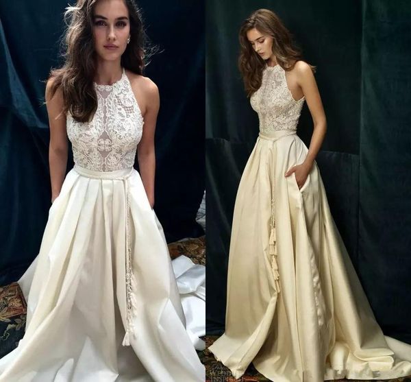 

Vintage White Lace Boho Beach Свадебные платья на заказ Sexy Halter Line Line Dolce vita от Lhi Hod Bridal Gown