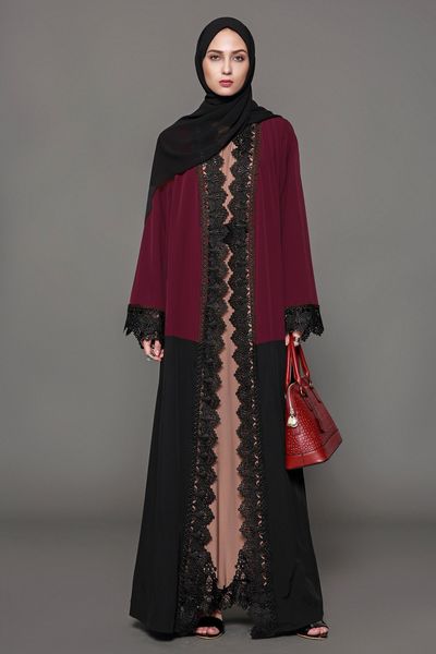 

factory price muslim women patchwork open abaya dress s-5xl plus size islamic women lace abaya dress, Red