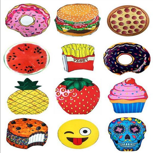

13 designs round beach towel pizza hamburger skull ice cream strawberry smiley emoji pineapple watermelon chips shower towel blanket shawl, Blue;gray