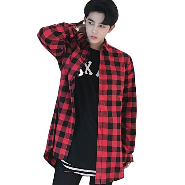 

Hip Hop Casual Double Slider Zipper Red Black Plaid Shirt Men Camisa Chemise Red Checkered Shirt Men Tartan Clothing
