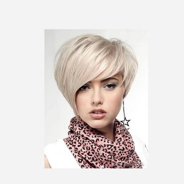 

Fashion Blonde white Short straight Wigs With Bangs Hair 100% Synthetic High Heat Fiber Non Traditionnels Style Wig Women Irregular style