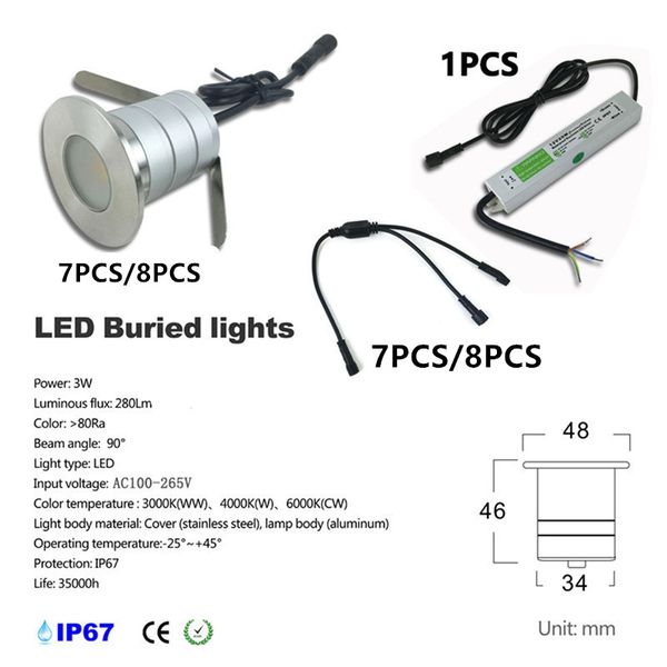 

7-8pcs / комплект Led Настил Свет 12V 24V 3W привели подземных освещения IP67 Водонепроницае