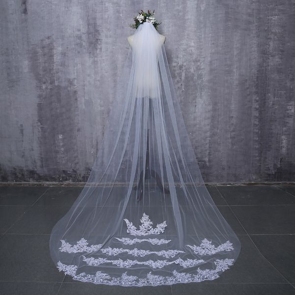 

2019 bride veils white applique tulle 3 meters veu de noiva long wedding bridal accessories lace veil, Black