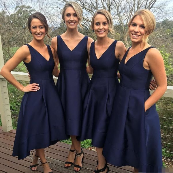 Basit Koyu Donanma Mavi Gelinlik Modelleri Çay Boyu Kısa Düğün Akşam Parti Abiye Parti Elbiseler V Boyun Custom Made Düğün Konuk Elbiseler