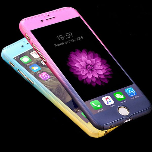 Novo Gradiente Colorido 6 6s Plus Case 360 ​​Graus Cool Protetores Completos para iPhone 6 6s 7Plus Capa de Telefone Coque com Vidro Temperado