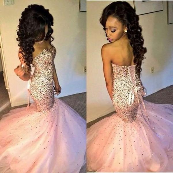 

Pink Long Sparkly Crystals Beaded Corset Sweetheart Sexy Mermaid Prom Dresses 2017 Vestido De Festa Longo Lace-Up Court Train evening dress
