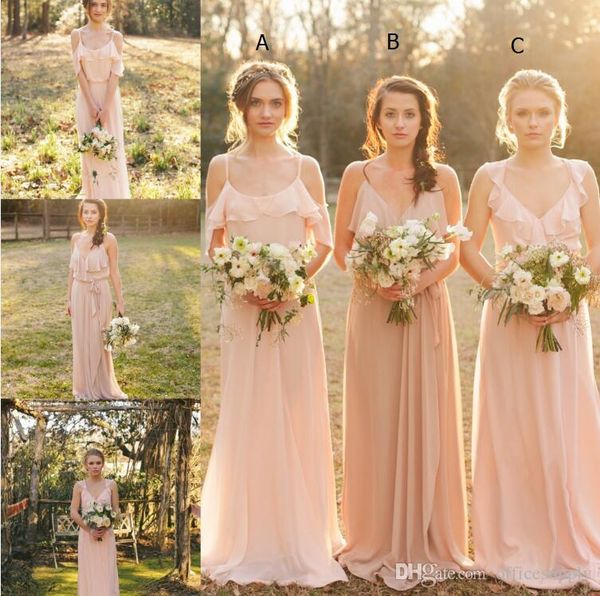 Günstiges, hübsches errötendes Brautjungfernkleid im Country-Stil, gemischter Stil, Chiffon, Boho, lange Brautjungfernkleider, Strand-Hochzeitsparty-Kleider