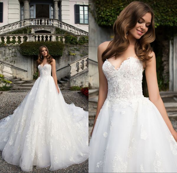 

gorgeous sweetheart sleeveless wedding dresses illusion bodices backless lace-up cathedral train vestidos de novia gowns, White