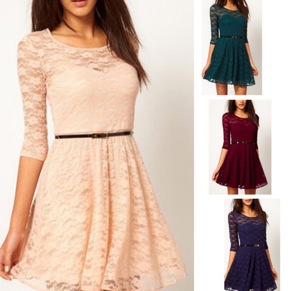 

tch160441 women ladies slim spoon neck 3/4 sleeve perspectivity lace sakter dress with belt 4 colors plus size, Black;gray