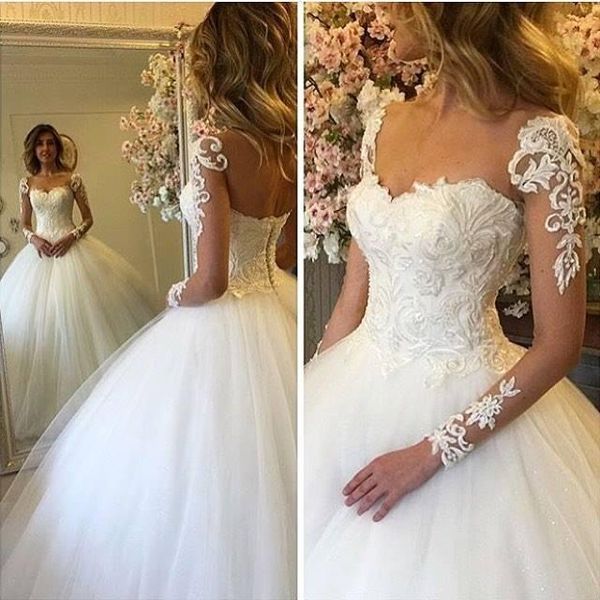 

elegant white a line wedding dresses 2017 sheer neck long sleeves lace appliqued bridal gowns back tulle ball gown wedding gowns