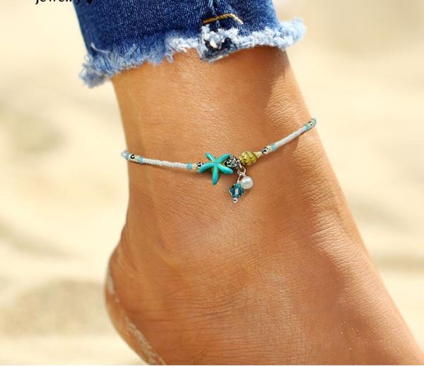 

shell anklet beads starfish anklets for women 2017 fashion vintage handmade simulated pearl sandal statement bracelet foot boho jewelry, Red;blue