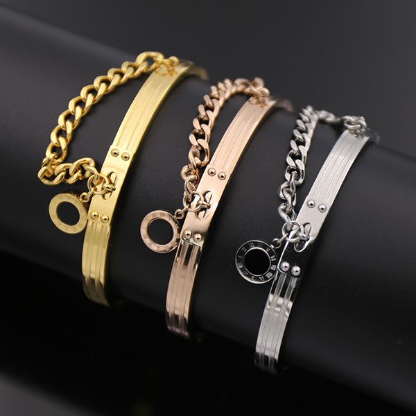 

fashion jewelry titanium gold love bracelets bangles punk rome digital round black onyx mosaic thick chain snap silver bracelet