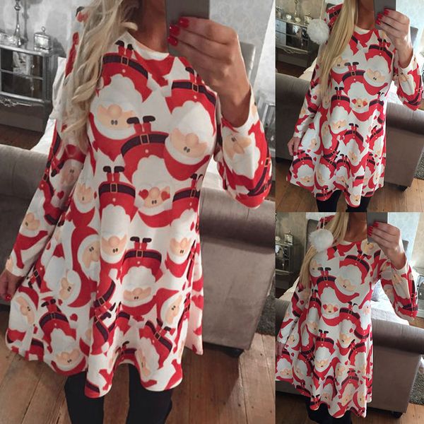 

S-5XL Ladies Fashion A-Line Long Sleeved Christmas Print Flared A-Line Skater Short Dress Womens Cocktail Party Swing Dresses Clubwear