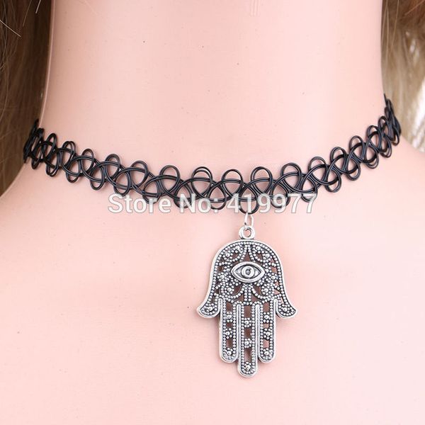 

wholesale-fashion statement jewelry fatima necklaces fishing line weave tattoo hamsa hand shape pendant choker necklace for women 2015, Silver