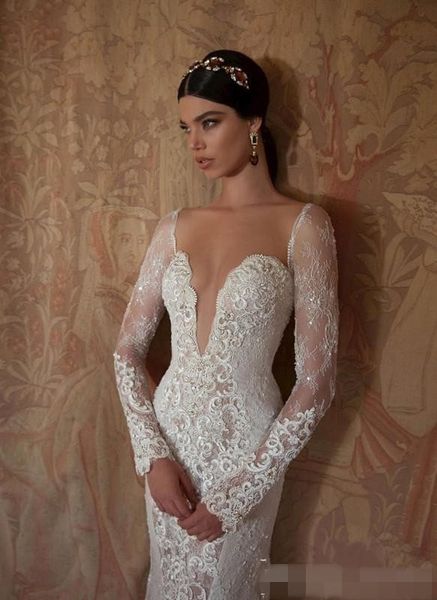 Berta 2019 Sexy Sereia Vestidos de Noiva com Capas Manga Destacável Chiffon Capa Com Decote Em V Manga Longa Sheer Back Lace Embelezado241d