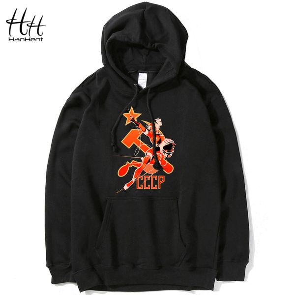 

wholesale- hanhent cccp russian autumn 2016 new arrival mens hooded sweatshirt fashion print loose pullover thin hoodies men, Black