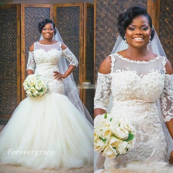 

south african mermaid wedding dress sheer crew neck lace appliques women bridal gown plus size custom made vestido de noiva longo, White