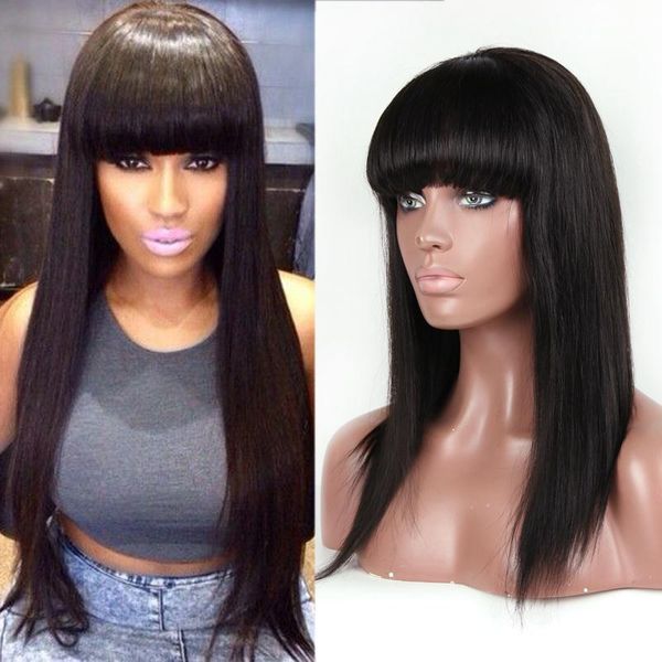 

100% indian remy human hair front lace wigs with full bangs 150% density, Black;brown