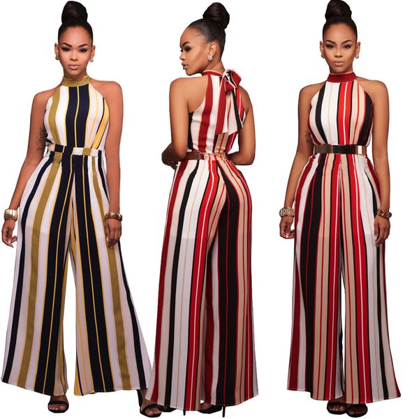 

Vintage Sleeveless Summer Vertical Striped Print Open Cold Cut Off Shoulder High Waist High Neck Long Romper Playsuit Wide Leg Jumpsuit