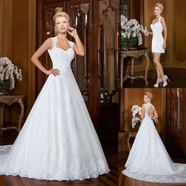 

New Arrival A Line Wedding Gowns with Beaded Appliques Wedding Dresses with Detachable Skirt Backless Bridal Gowns