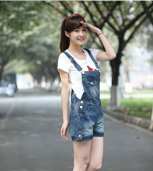 

wholesale- 2017 plus size korean summer lady loose ripped denim overalls casual denim shorts pants suspenders jumpsuits rompers women jeans, Blue
