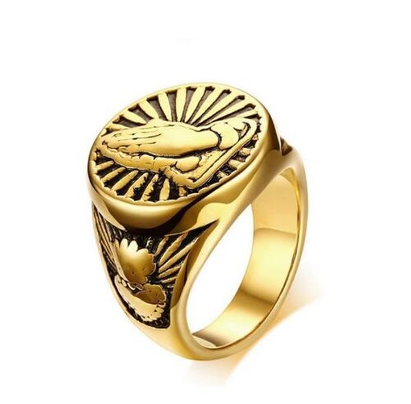 

Unique Gold Color Hand Rings Blessed Pray Hand Ring Lucky Fashion Jewelry Stainless Steel anel masculino