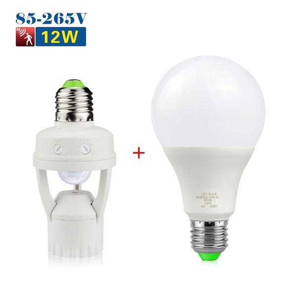 

E27 Plug Socket Switch Base PIR Infrared Motion Sensor LED lamp Base Holder E27 12W LED Bulb light For Stair Hallway light