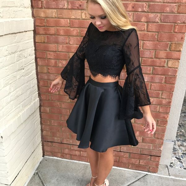 

long sleeves two piece black homecoming dresses bateau neck lace satin backless trumpet short prom dresses party dresses, Blue;pink