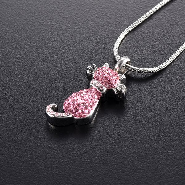 

crystal cat pendant necklace for ashes luxury pink/clear rhinestone pet urn cremation necklace women memorial jewelry ing, Silver